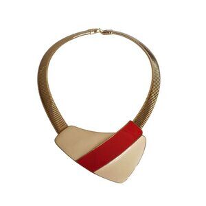 Vintage TRIFARI Gold Tone geometric red cream enamel Choker Necklace snake chain